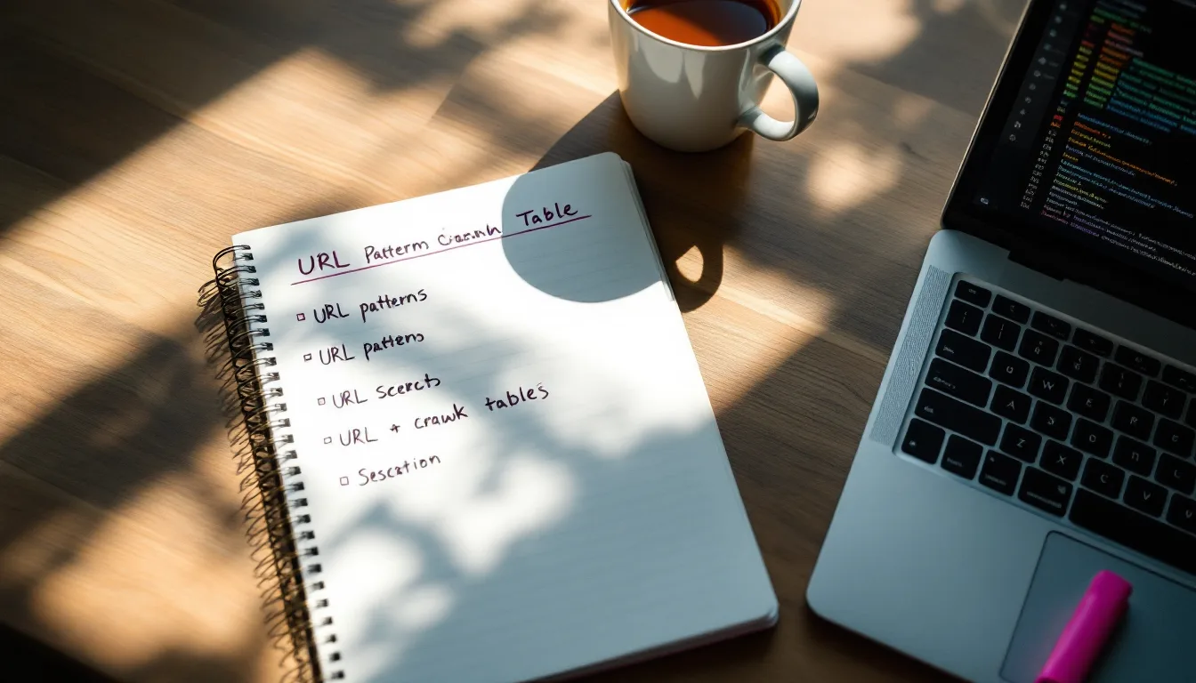 A notebook of URL patterns beside a laptop showing a crawl table