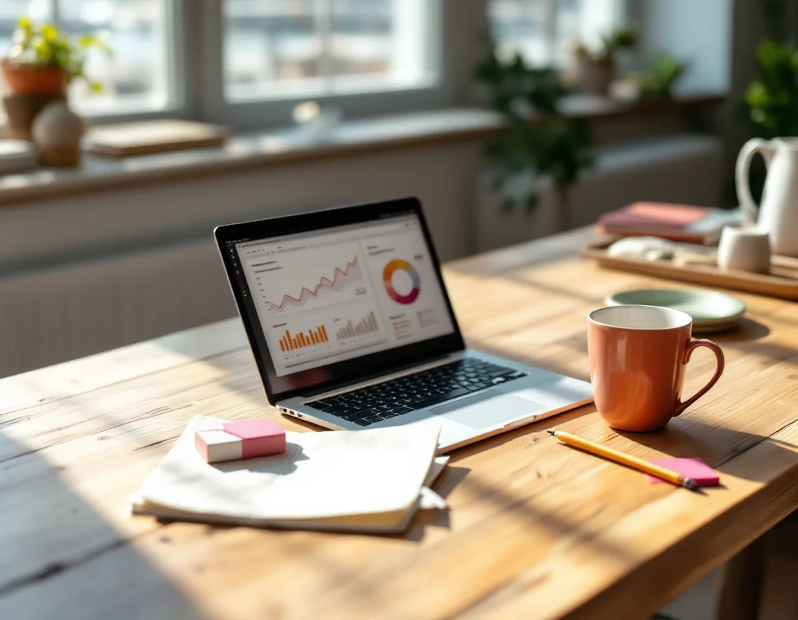 Sunlit kitchen-table desk with a laptop, coffee and notebook ready for an SEO audit