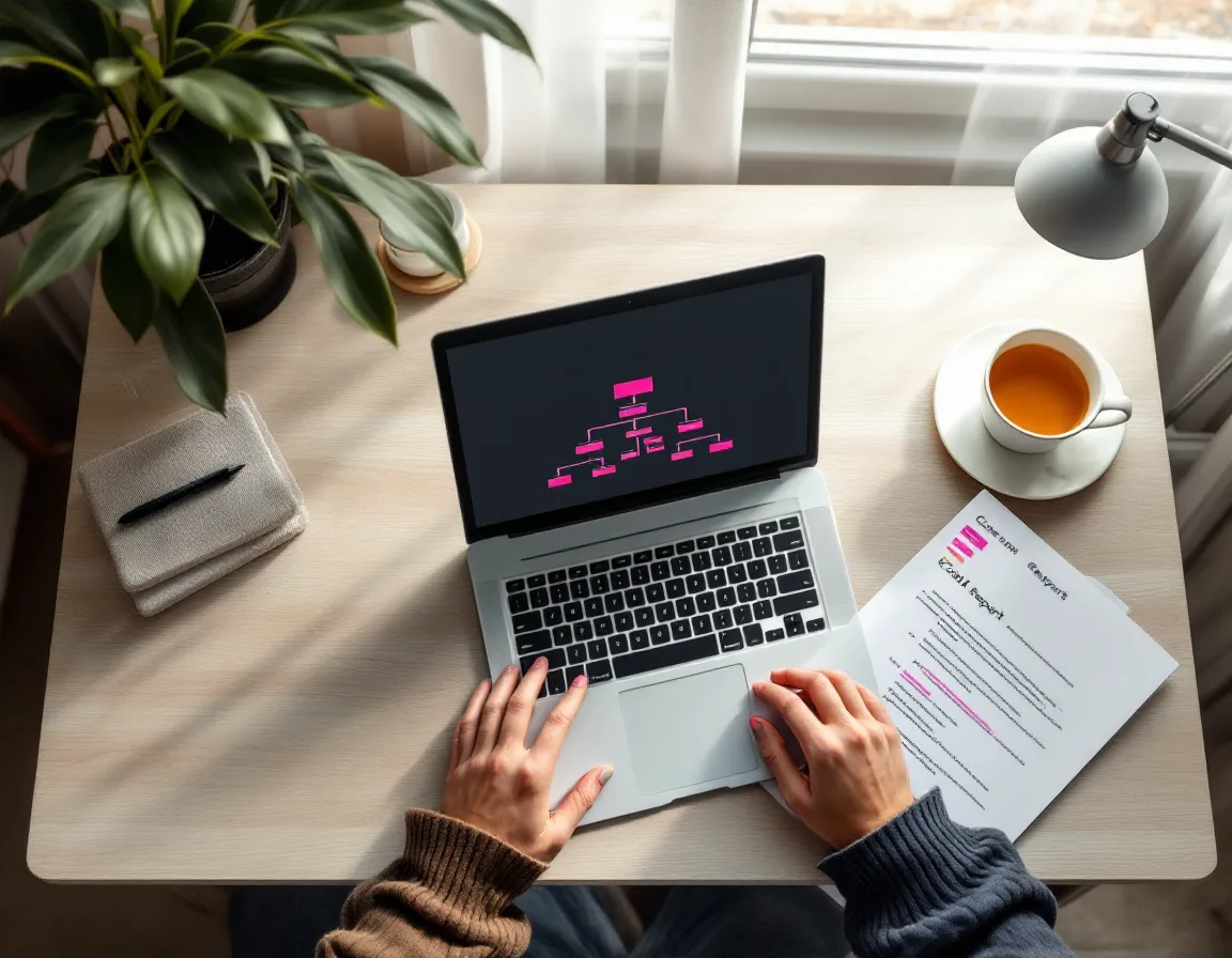 A printed crawl report with highlighter marks beside a laptop and a cup of tea