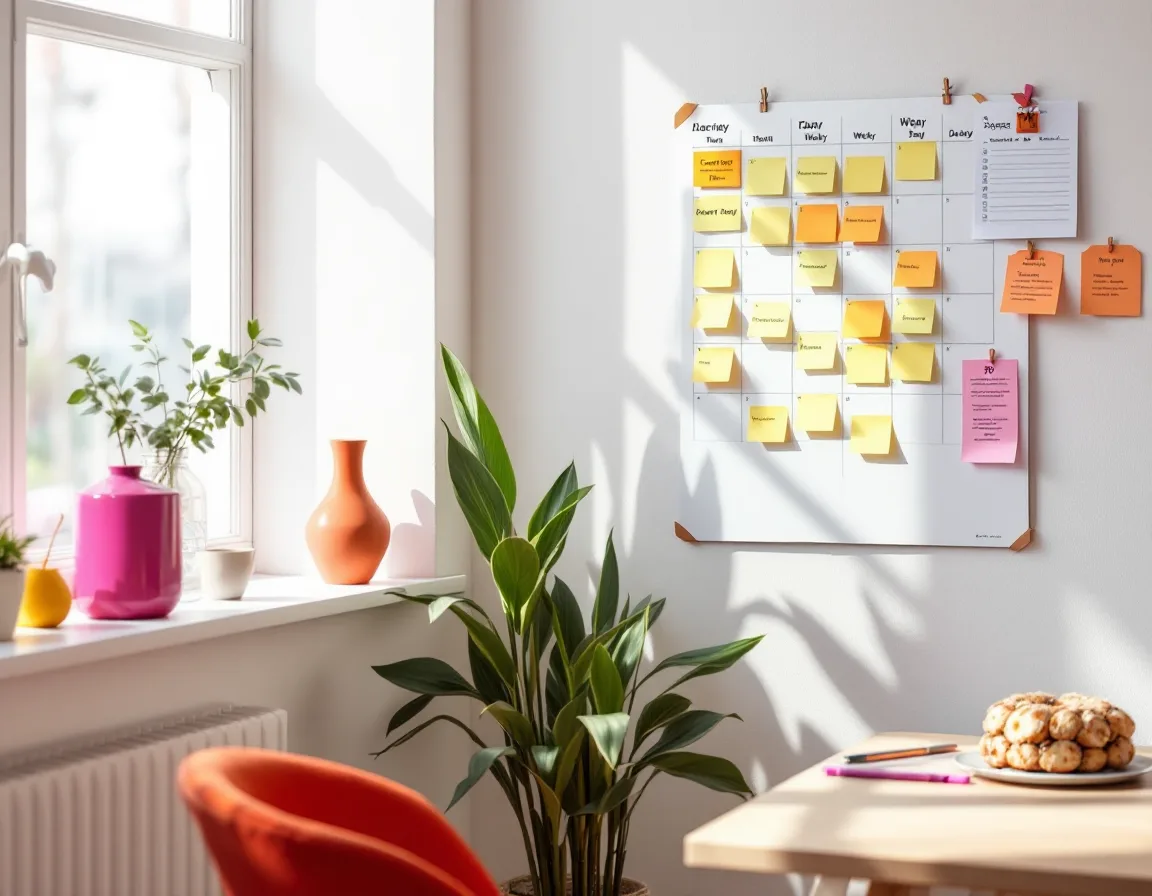 A week-by-week plan pinned to a wall beside a window